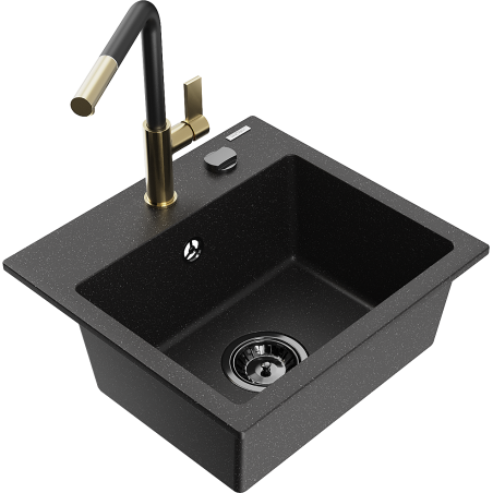 Mexen Milo 1-compartment granite sink with a kitchen mixer tap Flora, Black/Silver metallic - 6505-73-670401-57-B