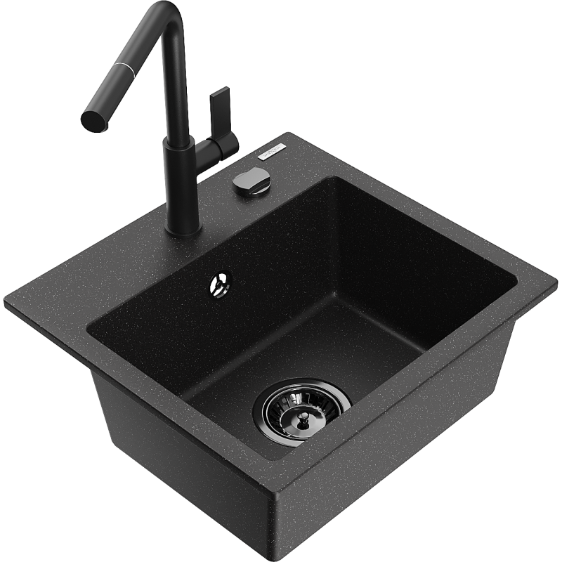 Mexen Milo 1-compartment granite sink with a kitchen mixer tap Flora, Black/Silver metallic - 6505-73-670401-70-B