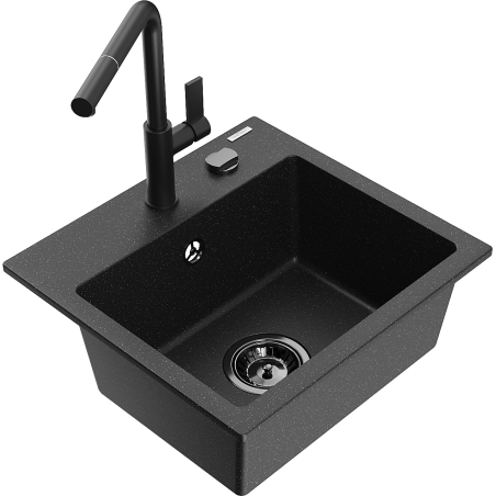 Mexen Milo 1-bowl granite sink with Flora kitchen tap, black/silver metallic - 6505-73-670401-70-B