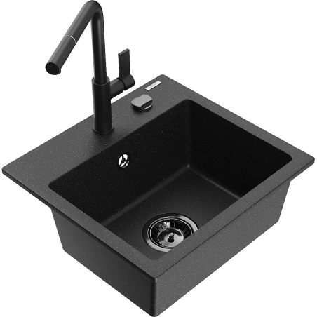 Mexen Milo granite single-bowl sink with Flora kitchen faucet, black/silver metallic - 6505-73-670401-70-B