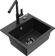 Mexen Milo granite single-bowl sink with Flora kitchen faucet, black/silver metallic - 6505-73-670401-70-B