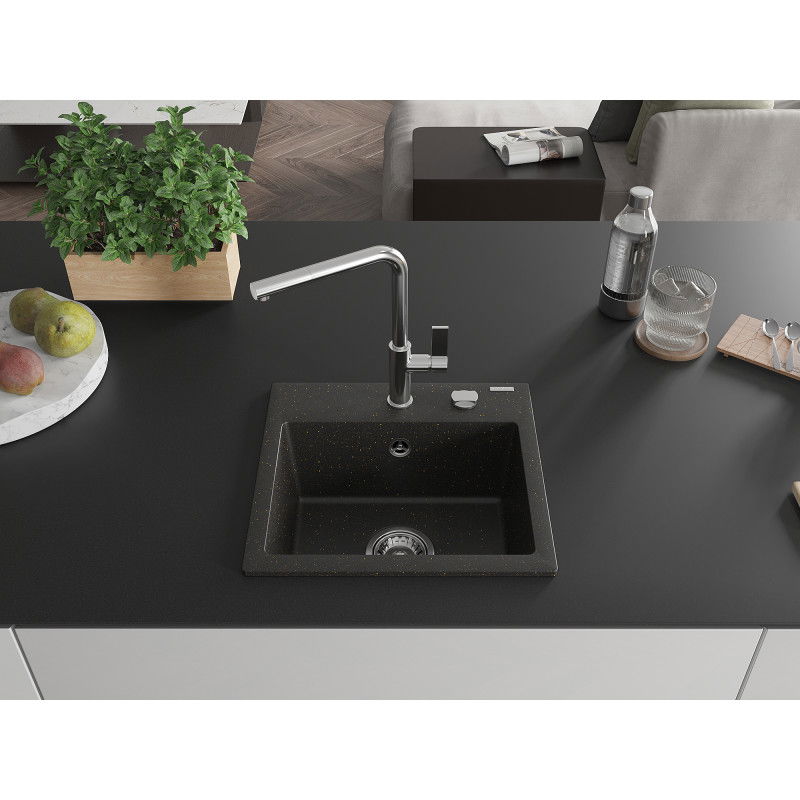 Mexen Milo 1-bowl granite sink with Flora kitchen tap, black/gold metallic - 6505-75-670401-00