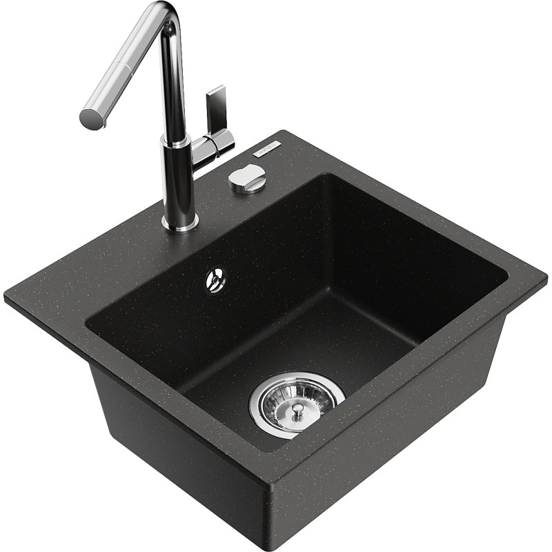 Mexen Milo 1-bowl granite sink with Flora kitchen faucet, black/gold metallic - 6505-75-670401-00