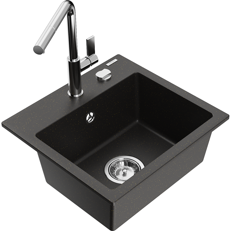 Mexen Milo 1-bowl granite sink with Flora kitchen tap, black/gold metallic - 6505-75-670401-00