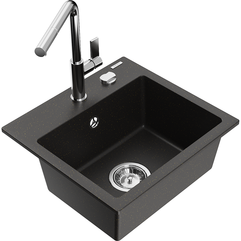 Mexen Milo 1-compartment granite sink with a kitchen mixer tap Flora, Black/Gold metallic - 6505-75-670401-00
