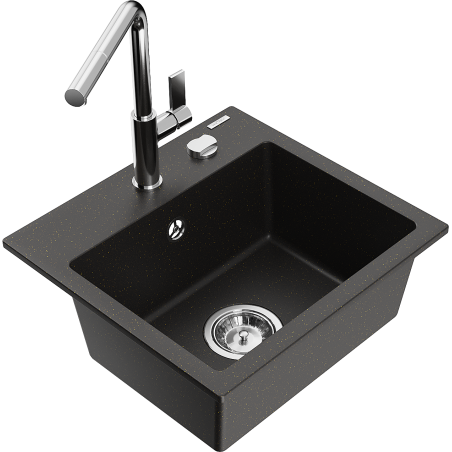 Mexen Milo 1-bowl granite sink with Flora kitchen faucet, black/gold metallic - 6505-75-670401-00