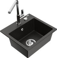 Mexen Milo 1-compartment granite sink with a kitchen mixer tap Flora, Black/Gold metallic - 6505-75-670401-00