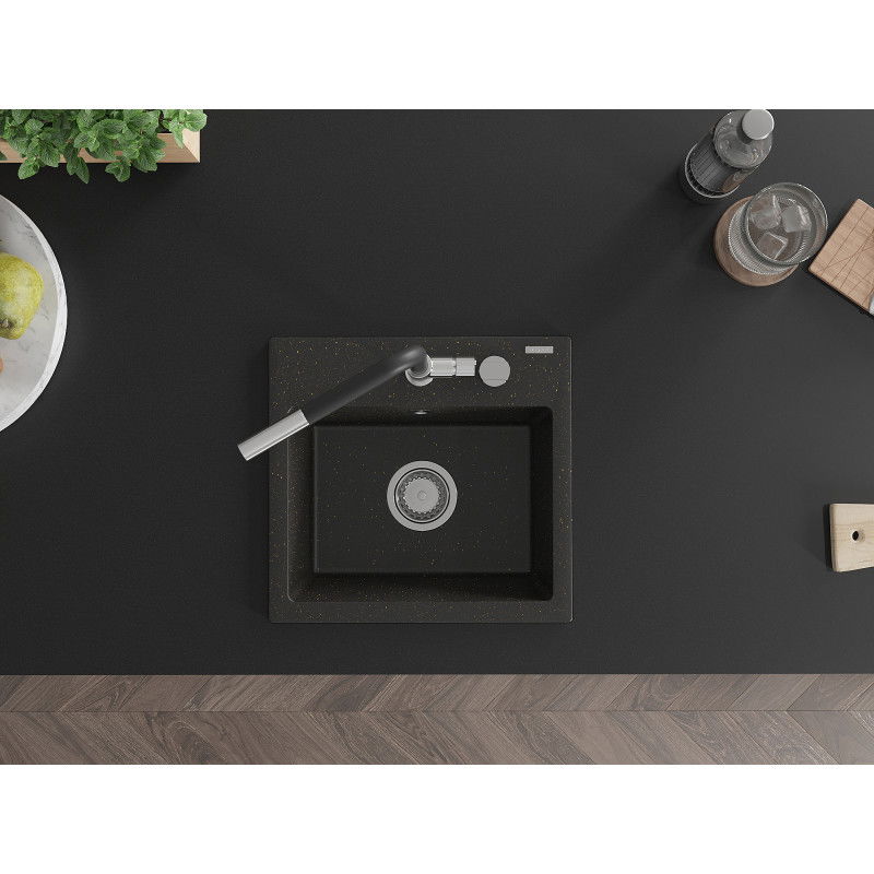 Mexen Milo 1-bowl granite sink with Flora kitchen tap, black/golden metallic - 6505-75-670401-07