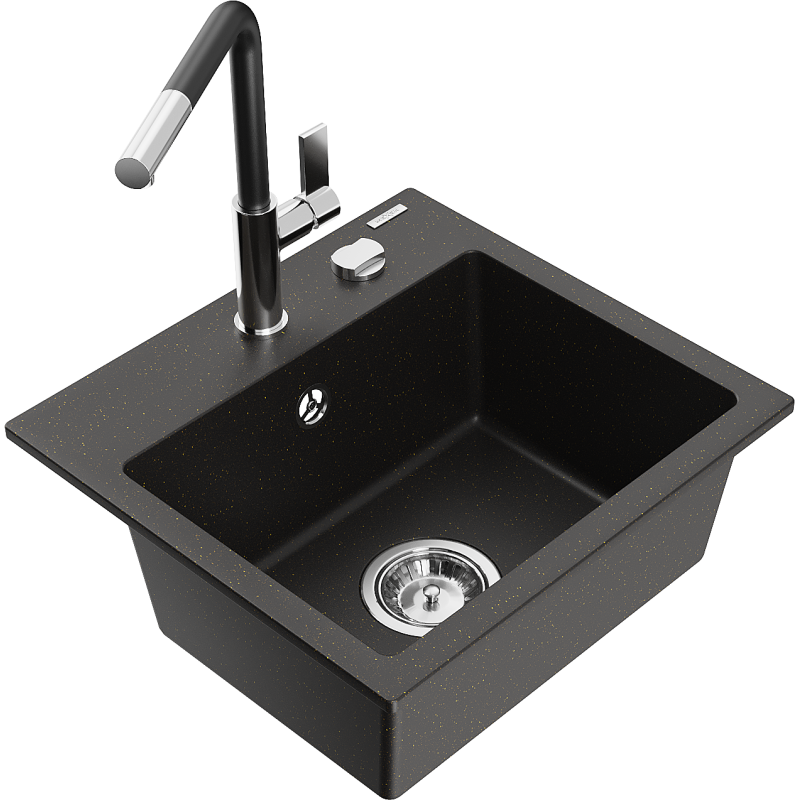 Mexen Milo 1-bowl granite sink with Flora kitchen tap, black/golden metallic - 6505-75-670401-07