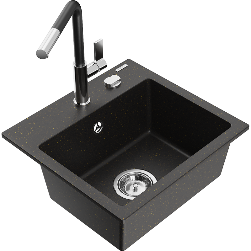 Mexen Milo 1-compartment granite sink with a kitchen mixer tap Flora, Black/Gold metallic - 6505-75-670401-07
