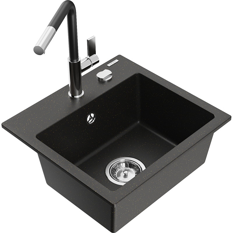Mexen Milo single-bowl granite sink with Flora kitchen faucet, black/gold metallic - 6505-75-670401-07