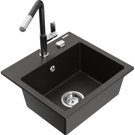 Mexen Milo 1-bowl granite sink with Flora kitchen tap, black/golden metallic - 6505-75-670401-07