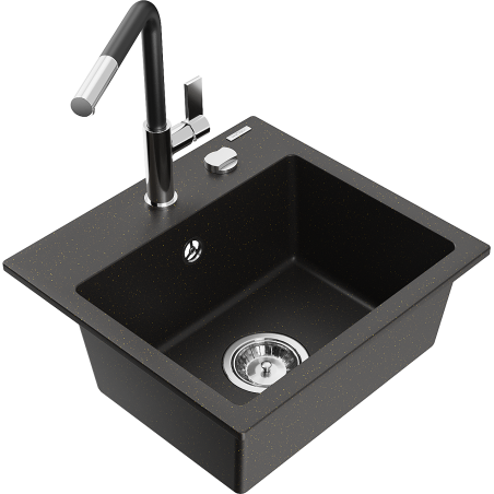Mexen Milo single-bowl granite sink with Flora kitchen faucet, black/gold metallic - 6505-75-670401-07