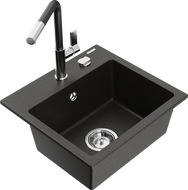 Mexen Milo 1-bowl granite sink with Flora kitchen faucet, black/gold metallic - 6505-75-670401-07