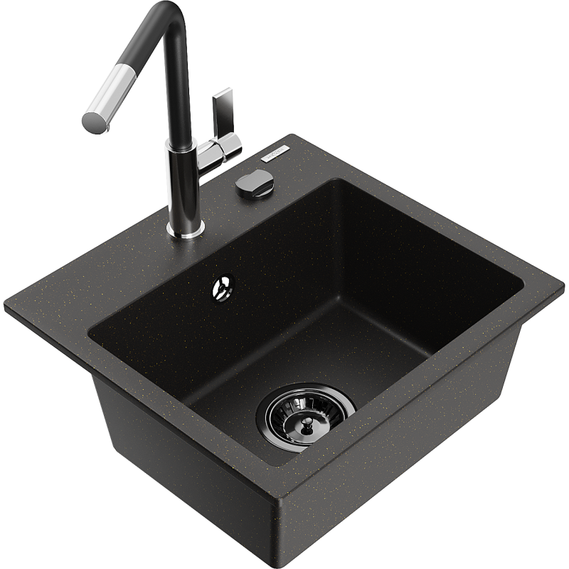 Mexen Milo 1-compartment granite sink with a kitchen mixer tap Flora, Black/Gold metallic - 6505-75-670401-07-B