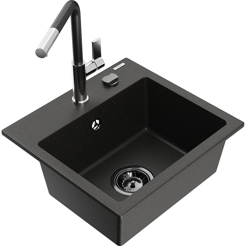 Mexen Milo Granite Kitchen Sink 1-Bowl with Flora Kitchen Faucet, Black/Gold Metallic - 6505-75-670401-07-B