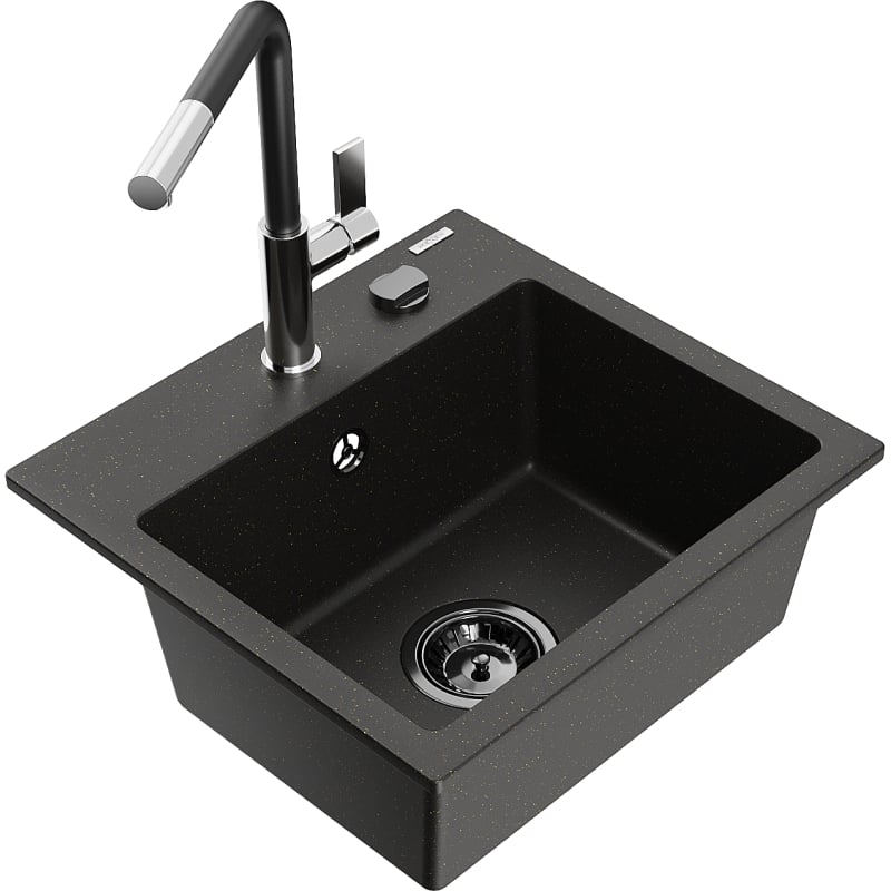 Mexen Milo granite sink 1-bowl with Flora kitchen faucet, black/gold metallic - 6505-75-670401-07-B
