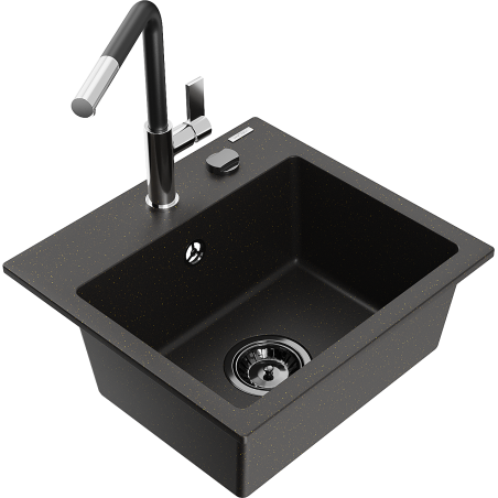 Mexen Milo granite sink 1-bowl with Flora kitchen faucet, black/gold metallic - 6505-75-670401-07-B