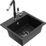Mexen Milo 1-compartment granite sink with a kitchen mixer tap Flora, Black/Gold metallic - 6505-75-670401-07-B