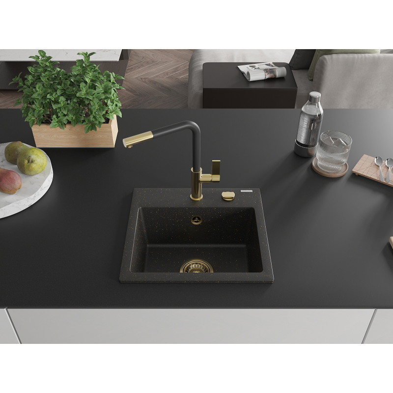 Mexen Milo granite single-bowl sink with Flora kitchen faucet, black/gold metallic - 6505-75-670401-57-G