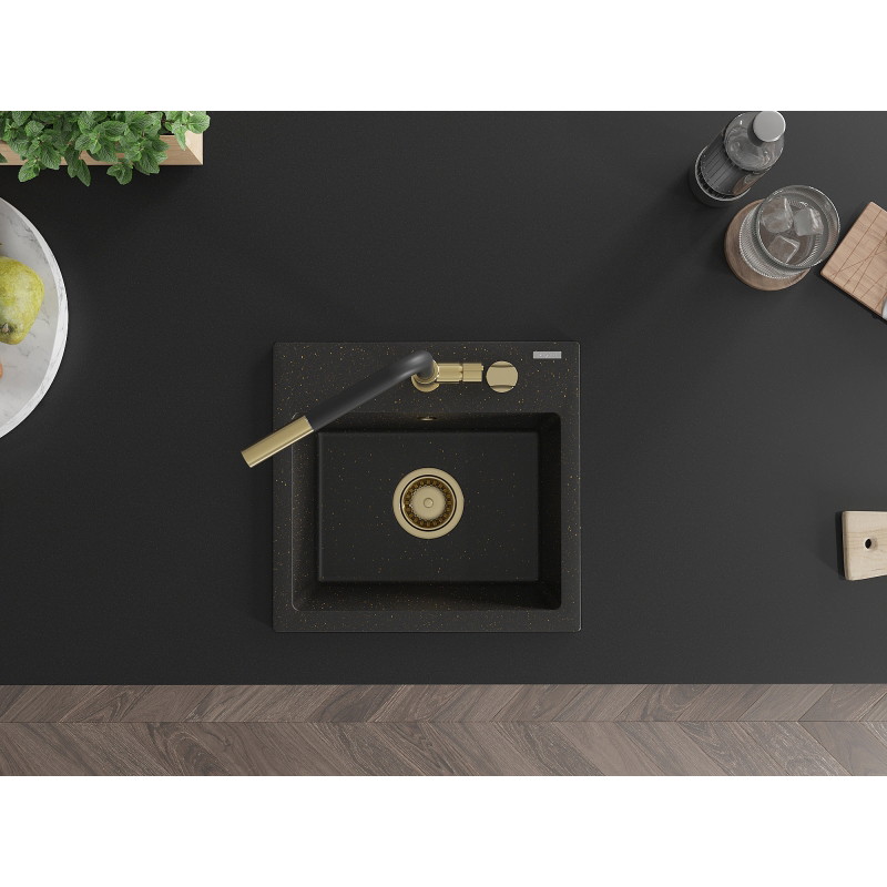Mexen Milo granite single-bowl sink with Flora kitchen faucet, black/gold metallic - 6505-75-670401-57-G
