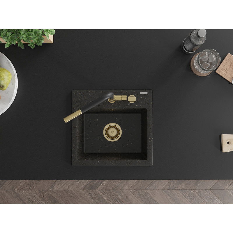 Mexen Milo granite sink single-bowl with Flora kitchen tap, black/gold metallic - 6505-75-670401-57-G