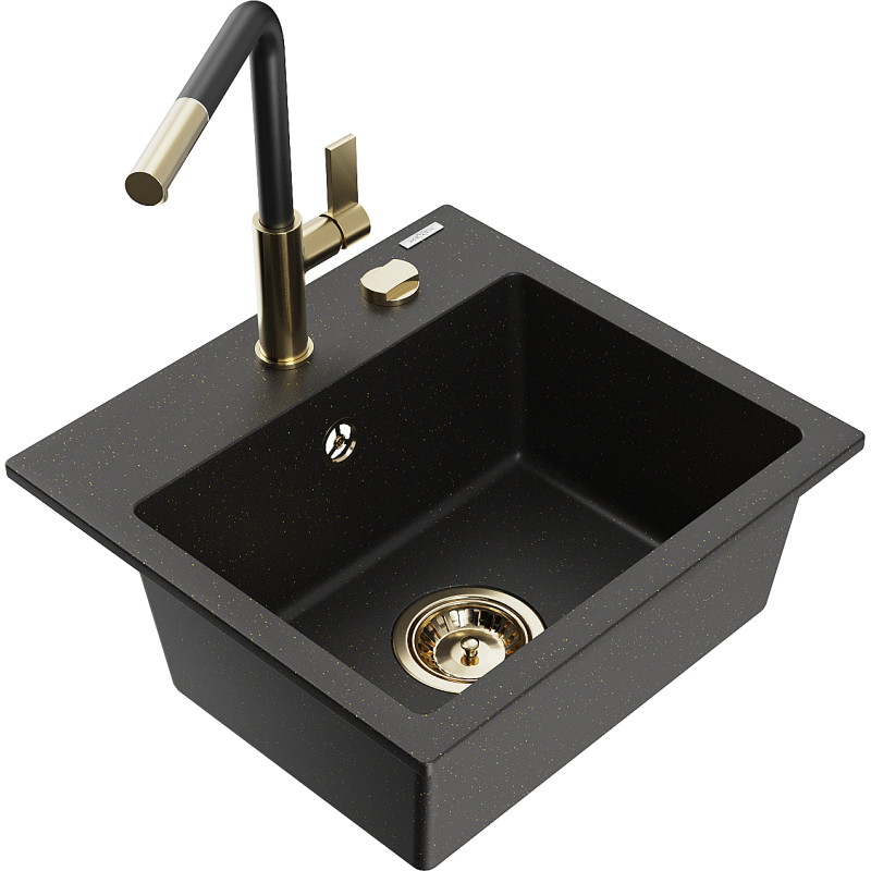 Mexen Milo granite single-bowl sink with Flora kitchen faucet, black/gold metallic - 6505-75-670401-57-G