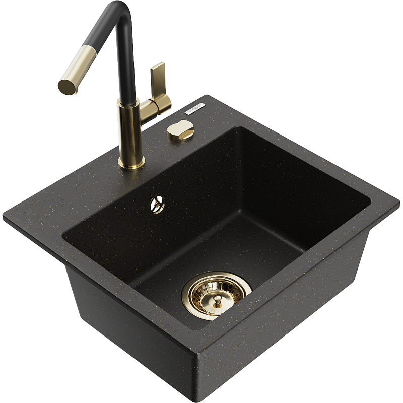 Mexen Milo granite sink single-bowl with Flora kitchen tap, black/gold metallic - 6505-75-670401-57-G