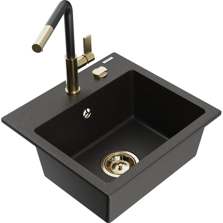 Mexen Milo granite single-bowl sink with Flora kitchen faucet, black/gold metallic - 6505-75-670401-57-G
