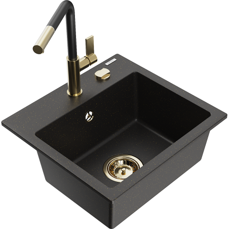 Mexen Milo granite sink single-bowl with Flora kitchen tap, black/gold metallic - 6505-75-670401-57-G