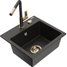 Mexen Milo 1-bowl granite kitchen sink with Flora faucet, black/gold metallic - 6505-75-670401-57-G