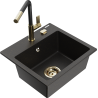 Mexen Milo granite single-bowl sink with Flora kitchen faucet, black/gold metallic - 6505-75-670401-57-G