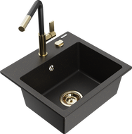 Mexen Milo 1-bowl granite kitchen sink with Flora faucet, black/gold metallic - 6505-75-670401-57-G