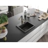 Mexen Milo single-bowl granite sink with Flora kitchen tap, black/golden metallic - 6505-75-670401-57-B