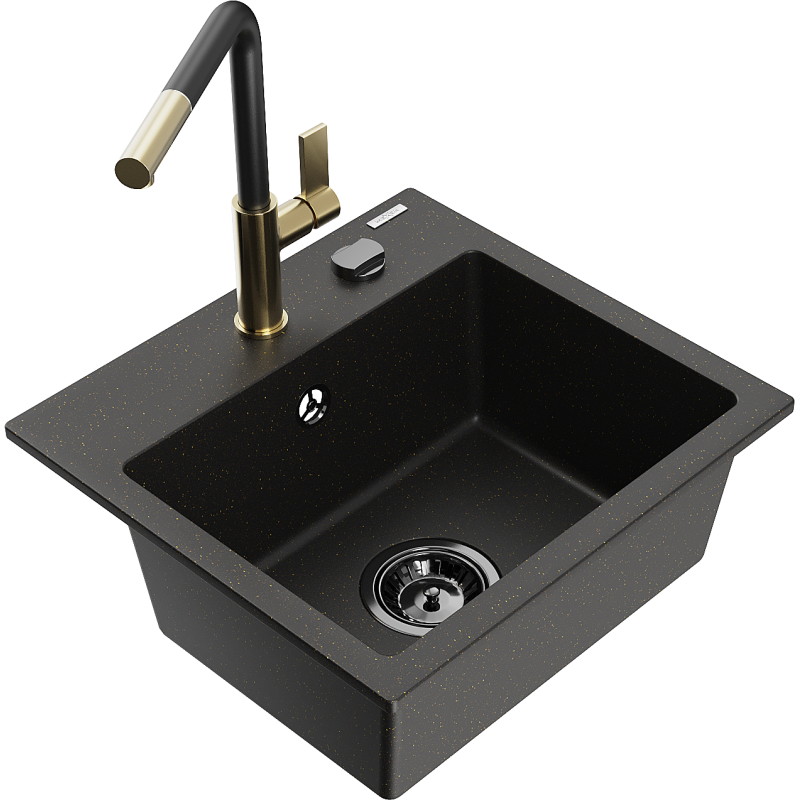 Mexen Milo granite kitchen sink 1-bowl with Flora kitchen faucet, black/gold metallic - 6505-75-670401-57-B