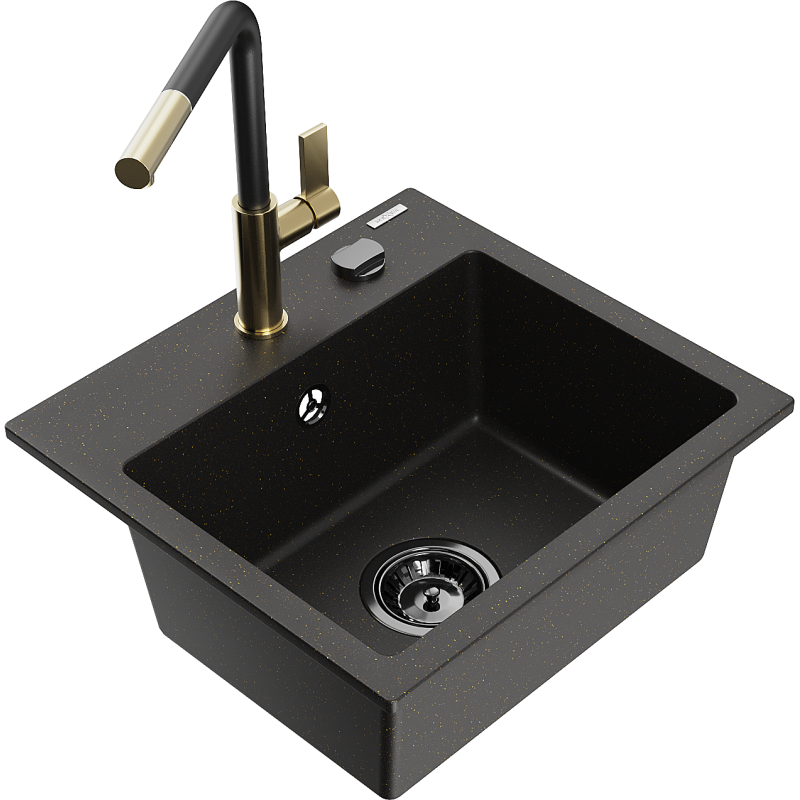 Mexen Milo single-bowl granite sink with Flora kitchen tap, black/golden metallic - 6505-75-670401-57-B