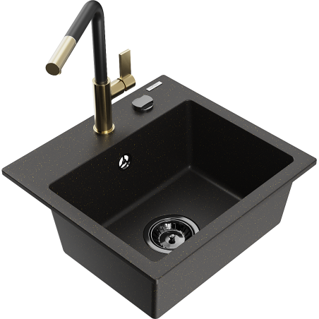 Mexen Milo granit kitchen sink 1-bowl with Flora kitchen faucet, black/gold metallic - 6505-75-670401-57-B