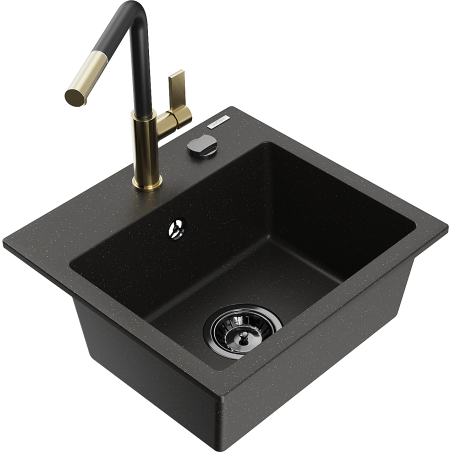 Mexen Milo single-bowl granite sink with Flora kitchen tap, black/golden metallic - 6505-75-670401-57-B
