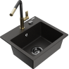 Mexen Milo single-bowl granite sink with Flora kitchen tap, black/golden metallic - 6505-75-670401-57-B