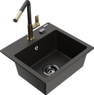Mexen Milo granit kitchen sink 1-bowl with Flora kitchen faucet, black/gold metallic - 6505-75-670401-57-B