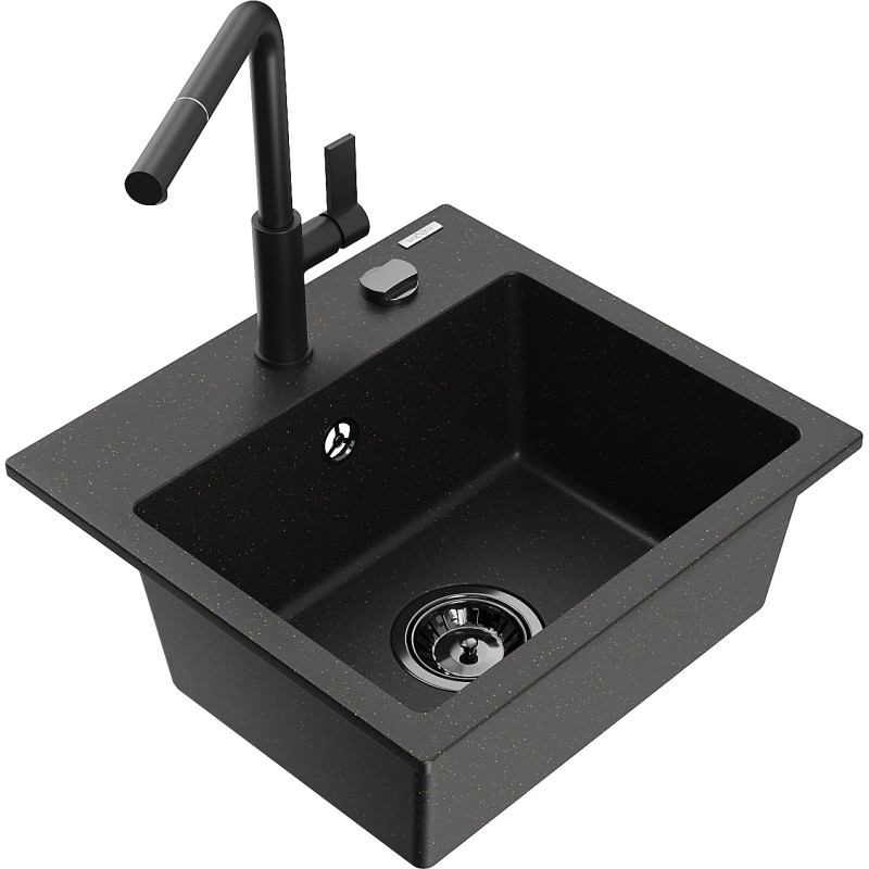 Mexen Milo 1-bowl granite sink with Flora kitchen tap, black/gold metallic - 6505-75-670401-70-B