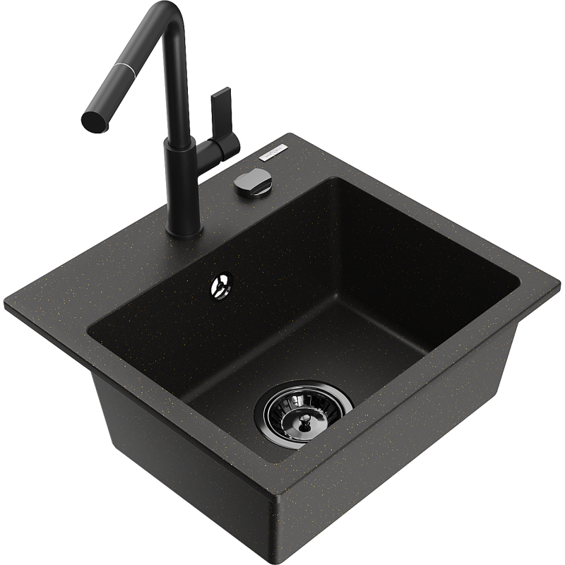 Mexen Milo granite kitchen sink 1-bowl with Flora kitchen tap, black/golden metallic - 6505-75-670401-70-B