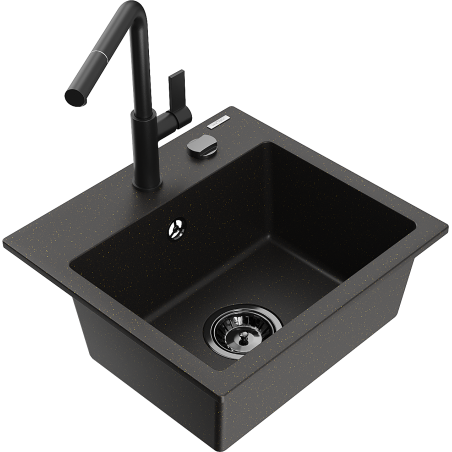 Mexen Milo granite kitchen sink 1-bowl with Flora kitchen faucet, black/gold metallic - 6505-75-670401-70-B