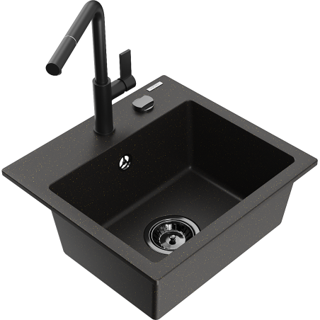Mexen Milo granite kitchen sink 1-bowl with Flora kitchen tap, black/golden metallic - 6505-75-670401-70-B