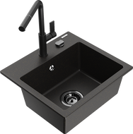 Mexen Milo 1-bowl granite sink with Flora kitchen tap, black/gold metallic - 6505-75-670401-70-B