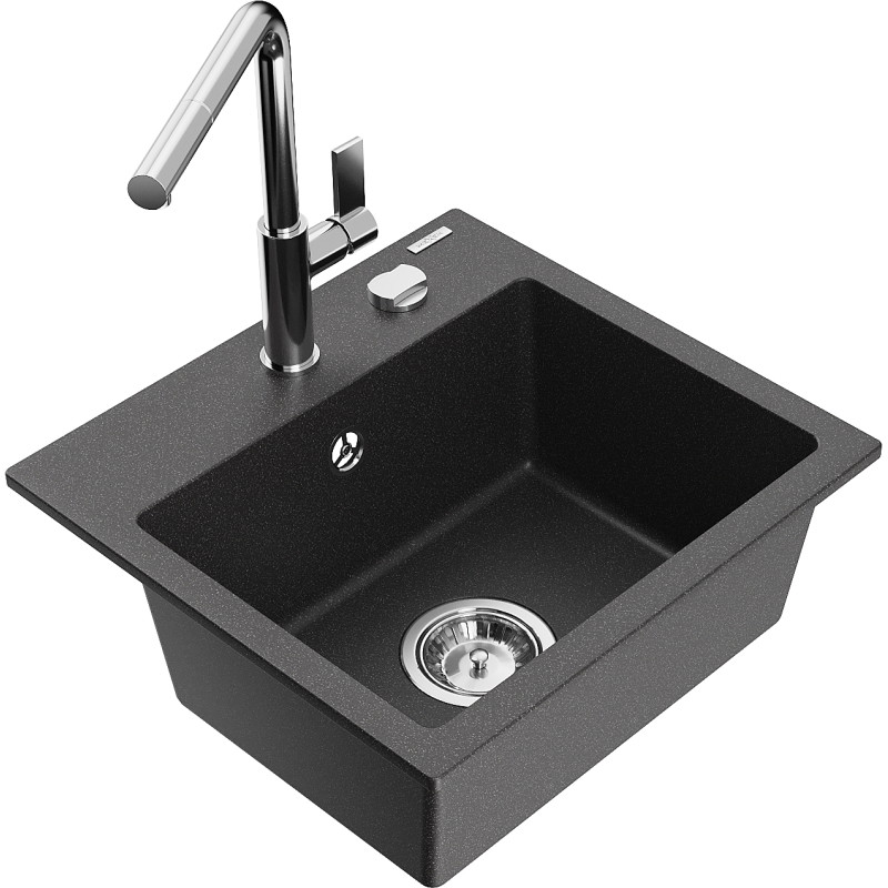 Mexen Milo granite single-bowl sink with Flora kitchen faucet, speckled black - 6505-76-670401-00