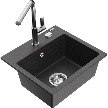 Mexen Milo Granite Kitchen Sink 1-Bowl with Flora Faucet, Black Speckled - 6505-76-670401-00