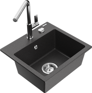 Mexen Milo granite single-bowl sink with Flora kitchen faucet, speckled black - 6505-76-670401-00