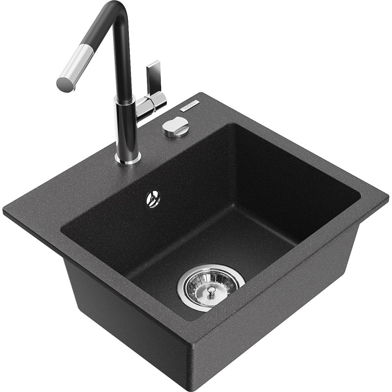 Mexen Milo 1-Bowl Granite Sink with Flora Kitchen Faucet, Black Speckled - 6505-76-670401-07