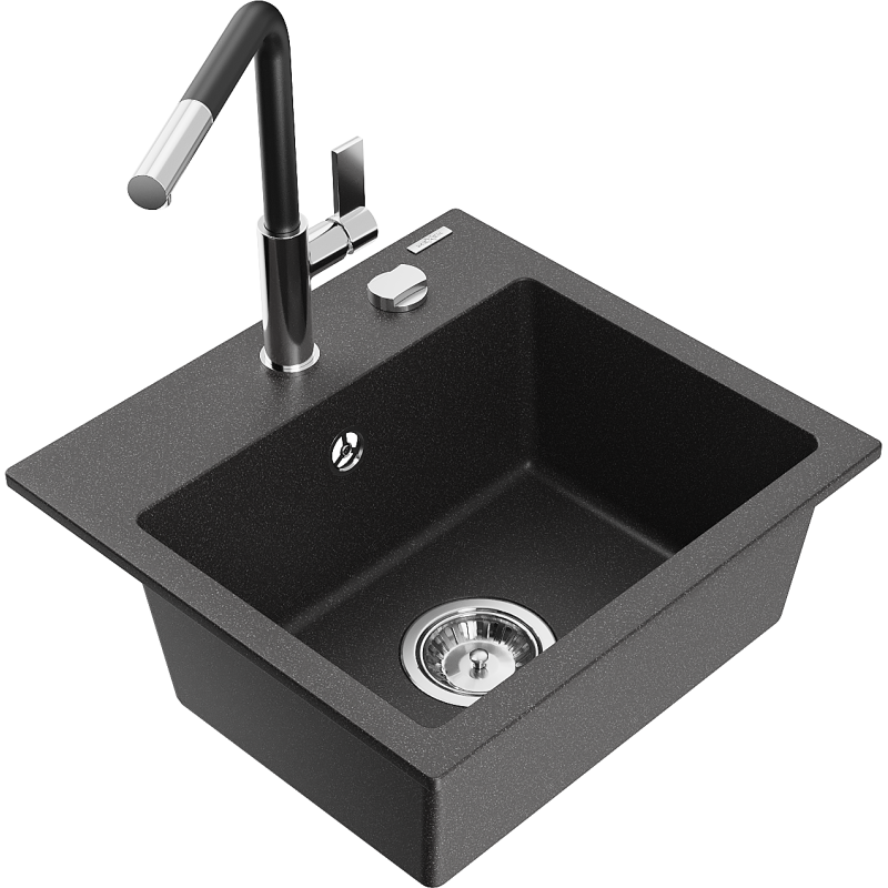 Mexen Milo 1-compartment granite sink with a kitchen mixer tap Flora, spotted black - 6505-76-670401-07